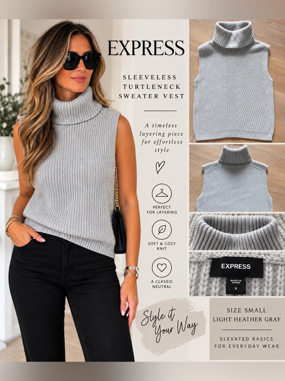 Express Gray Sleeveless Turtleneck Sweater Vest Size Small